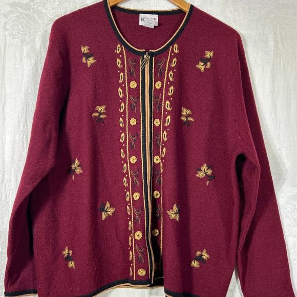 Vintage Sweaters - Vintage Cardigan Sweater Burgundy 1X Wool Tan Embroidered Zip Felt Koret